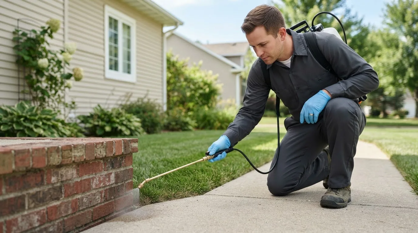 Pest control technician treating a home near Pleasant Valley, IA