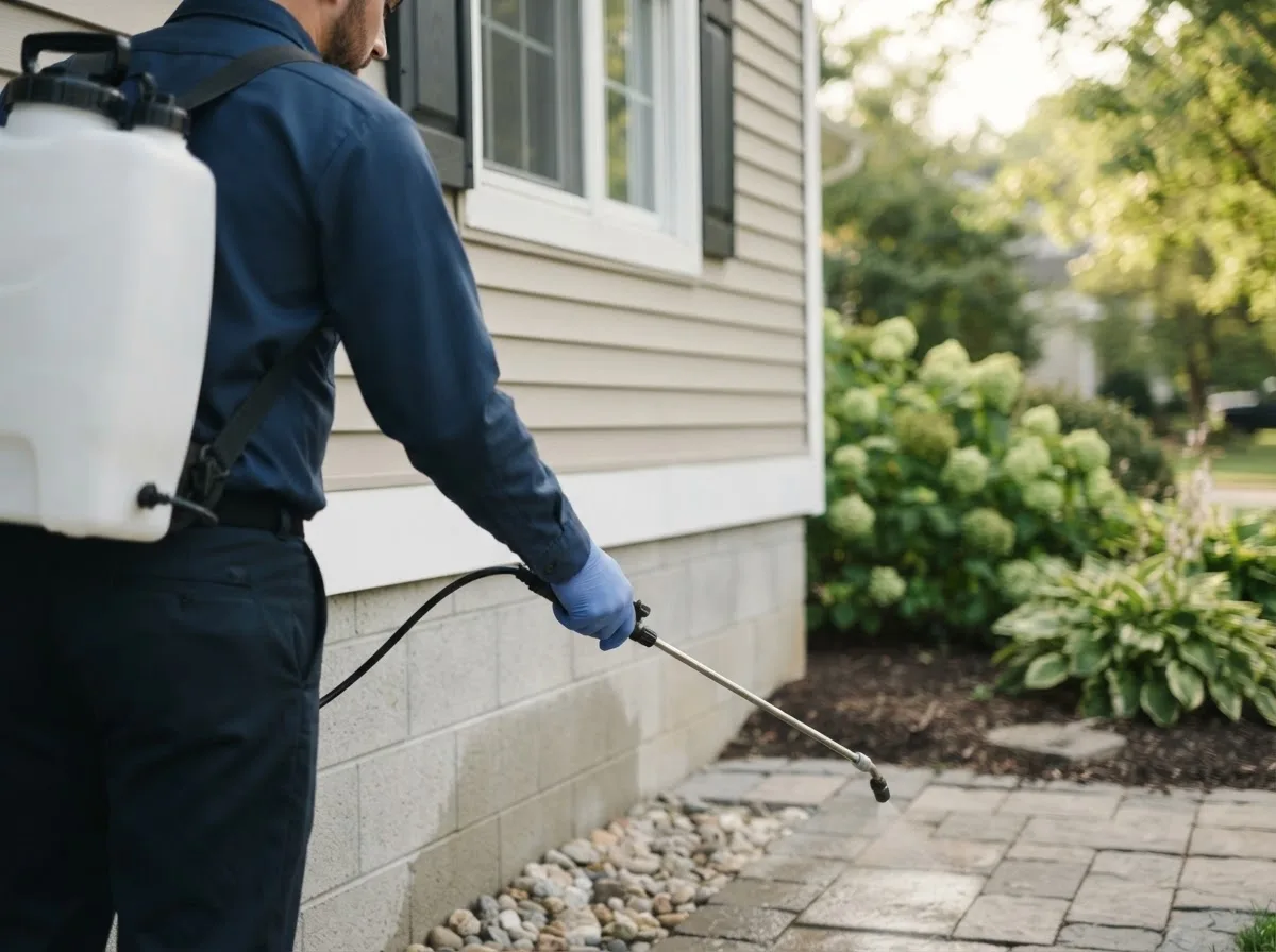 Pest control technician inspecting a home in Pleasant Valley, IA